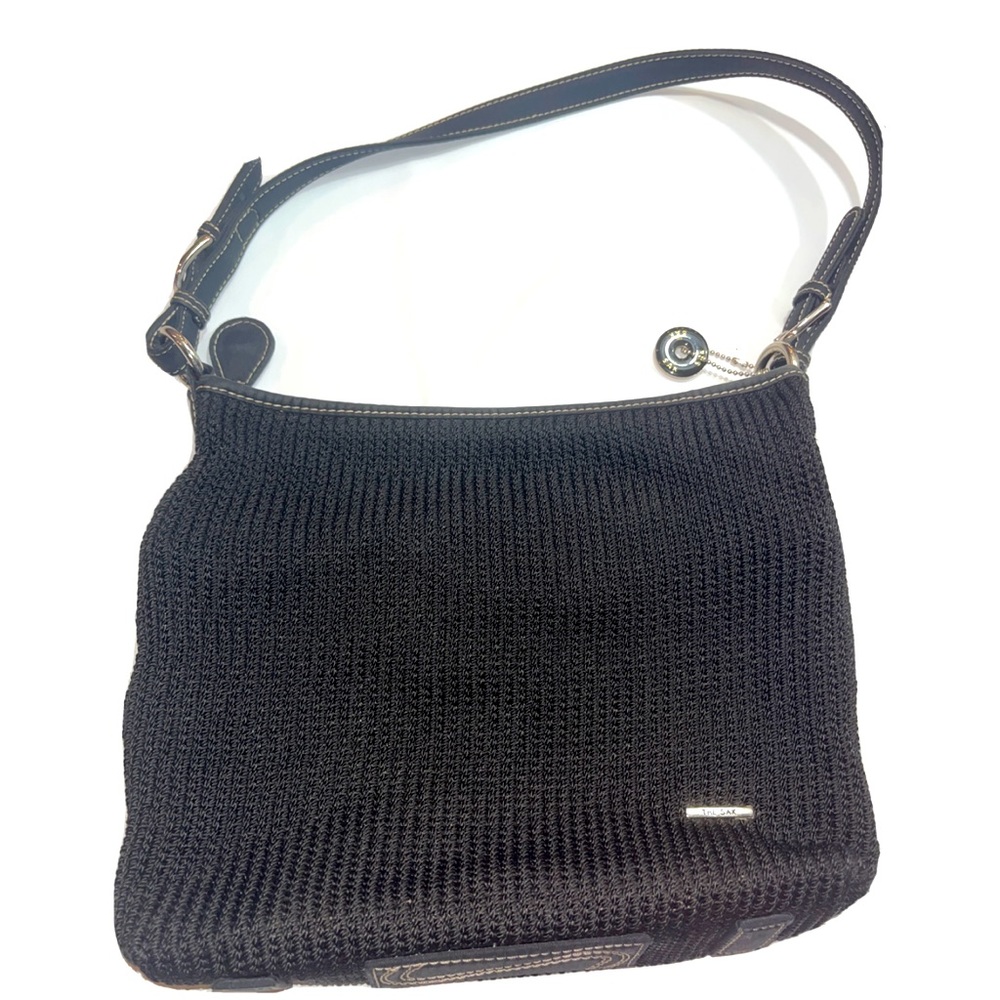 The Sak Black KNIT PURSE Shoulder Strap BAG 12”Wide 1 Strap Silver Buckle LOGO